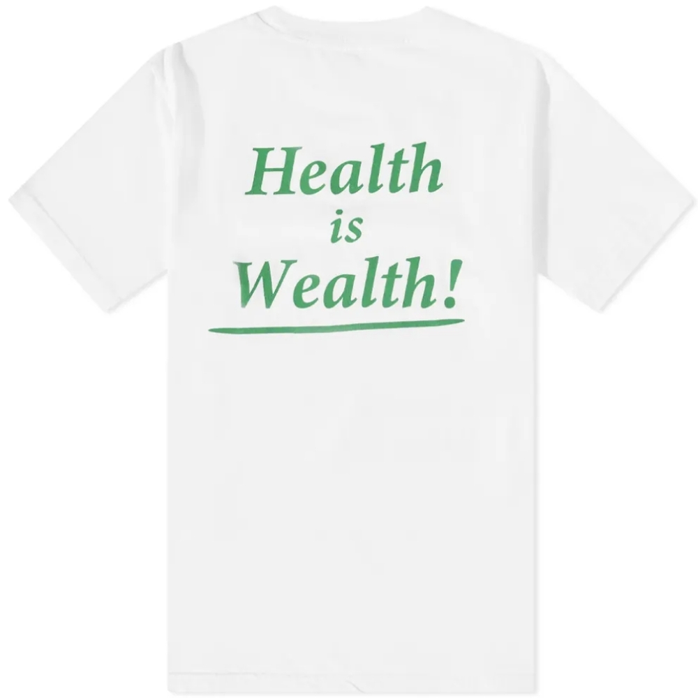 Sporty & Rich White Short Sleeve Tee with Green "Health is Wealth!" Print